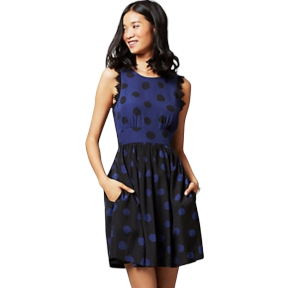 Coreylynn Calter Polkadot Sleeveless Open Back Dress Blue & Black Size 8 - Picture 2 of 9